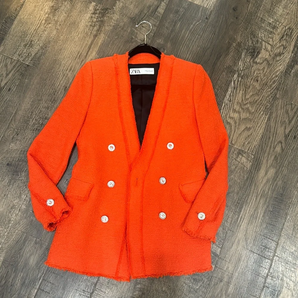 Zara Bright Orange Red Tweed Diamond Button Blazer - Picture 8 of 15